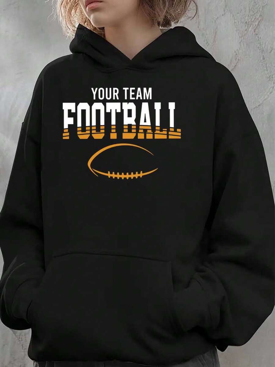 Women Hoodie Football Team Graphic Print Sweatshirt Top For Casual Wear Sports Fan Outfits Comfortable Fabric Perfect As A Gift - 黑色 - 查看 1
