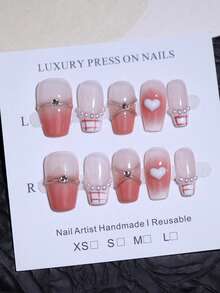 韩日风可爱甜心珍珠美甲贴片10片装，短款棺材形，100%纯手工制作，撞色腮红粉配金属线条，可重复使用，四季美甲用品 - 西瓜粉 - 查看 12