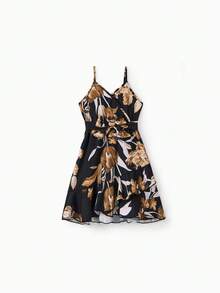 Family Matching Sets Black Floral Shirt Or V Neck Irregular Hem Ruffle Trim Strap Dress With Hidden Snap - 黑色 - 查看 4