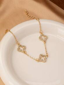 1pc Hollow Four-Leaf Clover Rhinestone Inlaid Women Pendant Bracelet, Fashionable, Elegant, Suitable For Party, Banquet And Daily Wear