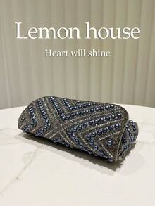 1 chiếc ví cầm tay nhỏ màu xám lấp lấp lánh đính đá, kiểu dáng thanh lịch với dây xích kim loại, túi xách thời trang cho tiệc tối, đám cưới, dạ hội, quà tặng cho phụ nữ. - Xám - Xem 6