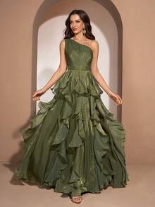 YISIKADO Women Elegant One Shoulder Ball Gown Sleeveless High-Waisted Ruffle Long Dress Wedding Guest Graduation Anniversary Homecoming Ceremony Party - Dark Green - View 2