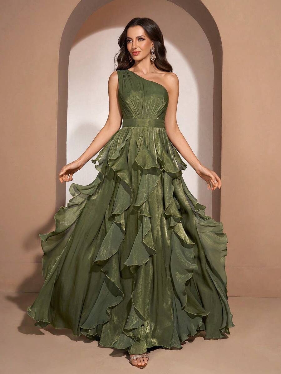 YISIKADO Women Elegant One Shoulder Ball Gown Sleeveless High-Waisted Ruffle Long Dress Wedding Guest Graduation Anniversary Homecoming Ceremony Party