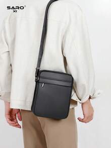 saroxi 1 件男士 PU 皮革单肩包，休闲斜跨包，带侧袋，方形轻便百搭通勤包，简约设计黑色包，送给男朋友的时尚礼物