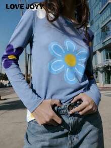 LOVE JOYY Women's Lavender Daisy Print Long Sleeve Casual Soft & Lightweight T-Shirt - Dusty Purple - View 2