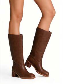 Western Boots For Women Flower Embroidery Mid Calf Boots Square Toe Chunky Block Heel Knee High Boots Low Heel Long Boots For Women Comfortable Casual Cowgirl Western Boots For Women Comfort Country Walking Shoes - Nâu B - Xem 5