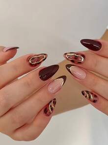 24pcs Brown Leopard Almond Shaped 3D Gold Metallic French False Nails, Suitable For Birthday Party, Comes With Jelly Gel And File, Reusable - Brown - View 8