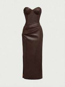 Elegant Fashion Young Lady Party Zipper Ruffle Backless Bustier Long Leather Belted Dress - Brown - View 2