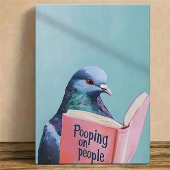 1pc Funny Pigeon Reading "Pooping On People" Book - Humorous Wall Art With Natural Wood Frame, Contemporary Canvas Print For Home Office Decor, Indoor Wall Hanging, Pigeon Decor, Perfect For Room Decor,Optional Frame