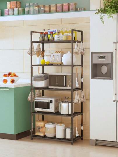 1pc Multi-Purpose Storage Rack - Sturdy Metal Frame With Plastic, Space-Saving For Kitchen, Living Room, Balcony, Garage - Freestanding Shelving Unit For Home, Office, Warehouse - Easy Assembly, Can Hold Microwave, Books, Containers - White, Wavy Design, Plastic Shelves, Multi-Purpose Storage