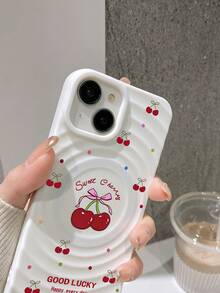 1800克强磁甜樱桃蝴蝶结设计软硅胶TPU保护壳，Y2K可爱美学波浪图案，好运标语，兼容 11、17 Pro Max、15、17 - 白色 - 查看 4
