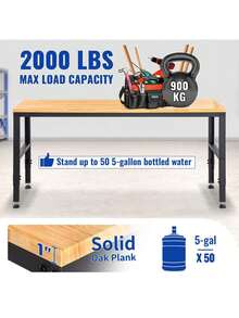 Adjustable Workbench, 48x20in Garage Table W/ 28.3in To 38.1in Heights & 2000lbs Load Capacity, Adjustable Working Table With Power Outlets & Hardwood Top & Metal Frame & Foot Pads, For Office Home Garage - Maple - Xem 5