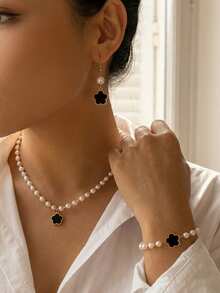 Juego de joyería elegante de 3 piezas con flor negra y perlas - Uso diario minimalista para la oficina - Negro - Ver 5