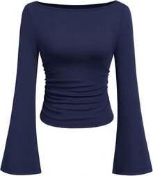 Womens Long Sleeve Shirts 2026 Spring Crop Going Out Tops Casual Boat Neck Sleeve Ribbed Ruched Y2K Clothes - Navy Blue - View 10