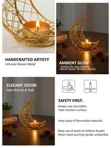 1Pc/Set Double-Arched Woven Star And Moon Metal Candlestick. Made Primarily From Metal Wire, This Candlestick Features A Minimalist Modern Design. Its Shape Is A Double-Layered Interwoven Crescent-Shaped Hollow Lattice Frame, Paired With A Circular Base, With Small Candle Trays Embedded In The Details - Multicolor - View 7