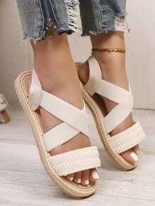 女士春秋新款罗马单层软底弹力面料交叉透气休闲舒适圆头平底凉鞋 - 白色 - 查看 6