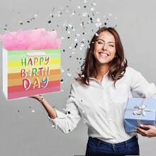 13\ Rainbow Gift Bags Happy Birthday Party Favor Paper Bags Set With Tissue Paper Greeting Card For Women' Birthday Party, Wedding, Anniverss, Monther's Day - 彩虹條紋色 - 查看 6