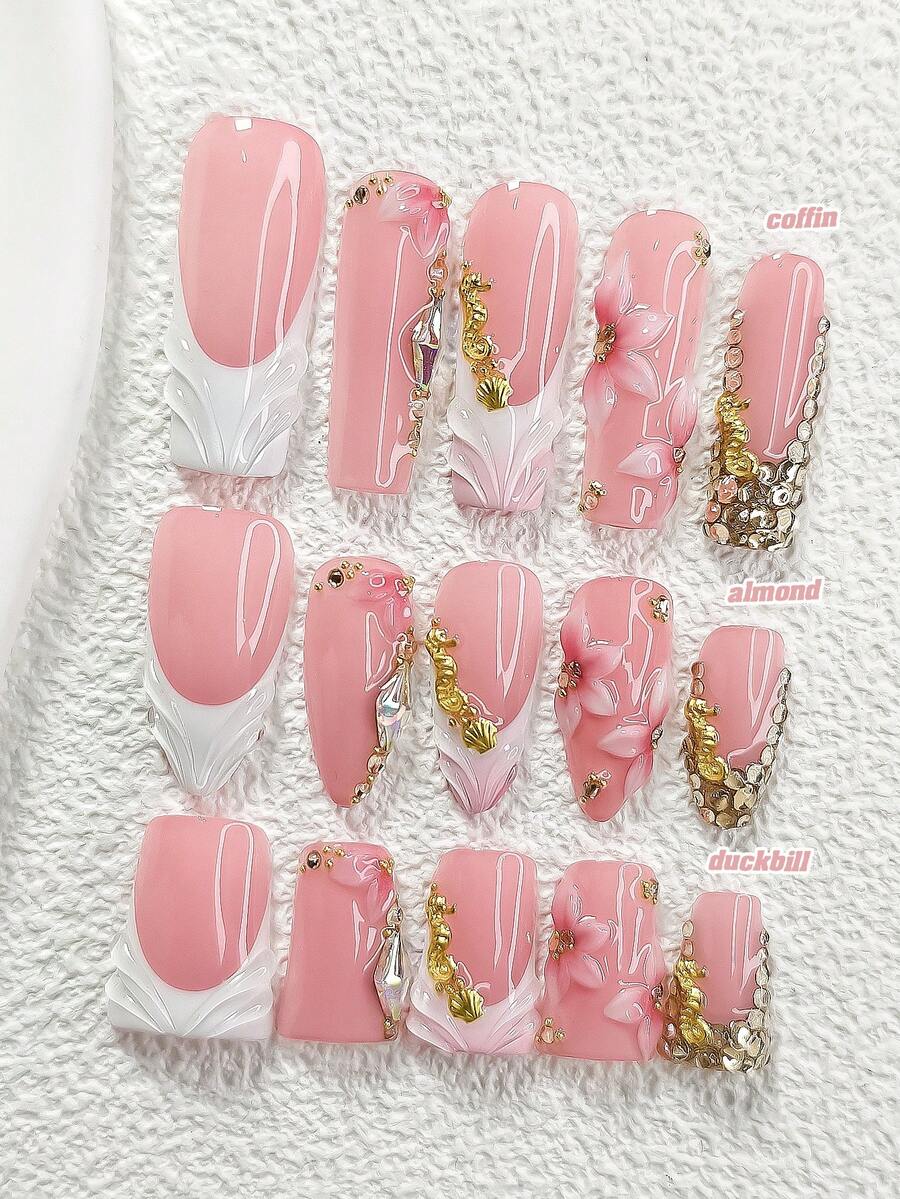 10片浪漫主题美甲贴纸,亚克力美甲套装,渐变粉色人造花装饰,海马,贝壳,闪亮菱形钻石配件,法式水滴,香槟钻石美甲,粉色美甲,附赠美甲工具(1张果冻贴纸+1把指甲锉),3种尺寸可选:杏仁形、鸭形、棺材形,适合通勤、婚礼、派对、日常、节日等场合。 - 彩色 - 查看 1