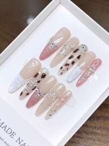 纯手工制作的长椭圆形美甲，手绘豹纹法式亮片镶嵌钻石，-品质简约设计美甲，全覆盖假指甲，Y2K风格美甲，浮雕美甲，独特小众创意假指甲，日常美甲，可爱现代风格美甲，适合秋冬季节佩戴，可拆卸佩戴，可重复使用，适合女性和女孩在派对和晚宴上佩戴。 - 彩色 - 查看 3