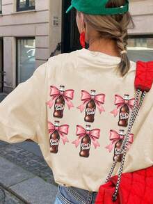 Camiseta feminina de verão com laço e estampa, gola redonda, manga curta, rosa, casual, moderna e versátil. - Damasco - Ver 1