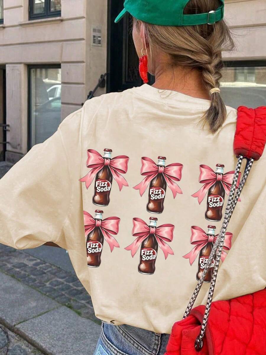 Camiseta feminina de verão com laço e estampa, gola redonda, manga curta, rosa, casual, moderna e versátil. - Damasco - Ver 1