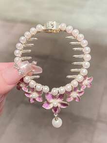 2 piezas Clips para el cabello con flecos y flores de perlas falsas, adecuados para peinados diarios y de fiesta, accesorios de moda para el cabello de mujer, pinza elegante para el cabello - Multicolor - Ver 4
