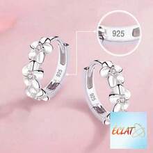 PBLA 925 Sterling Silver Plated Small Rose Flower Round Hoop Earrings |   AAA Zirconia |   Women's Charm Jewelry For Engagement & Wedding - 銀色 - 查看 1