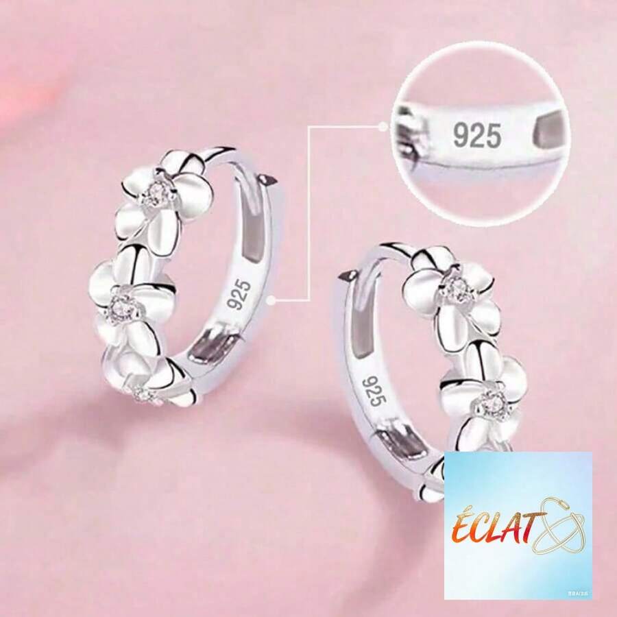 PBLA 925 Sterling Silver Plated Small Rose Flower Round Hoop Earrings |   AAA Zirconia |   Women's Charm Jewelry For Engagement & Wedding - 銀色 - 查看 1