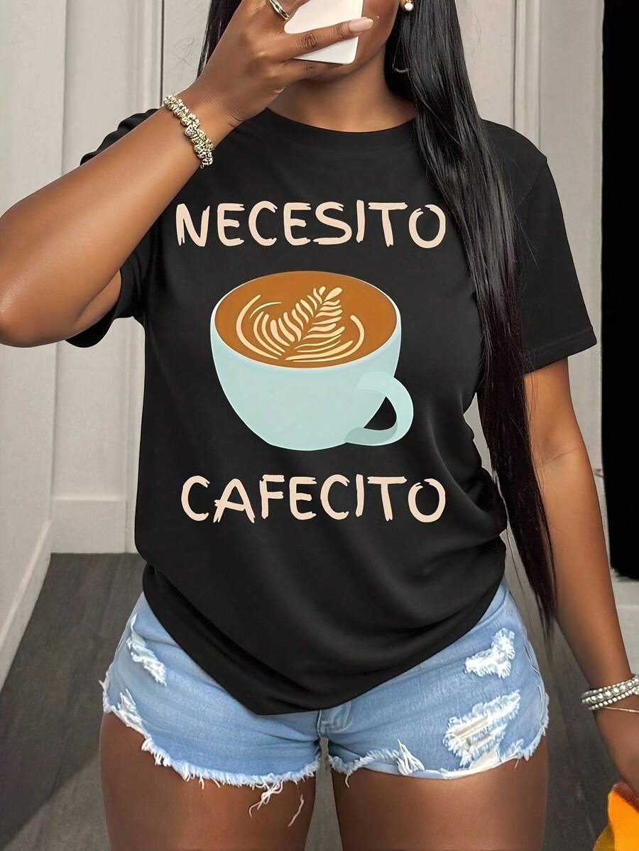Women Round Neck T Shirt Coffee Cup With Latte Art And Necesito Cafecito Text Short Sleeve Casual Summer Top For Everyday Wear - 黑色 - 查看 1