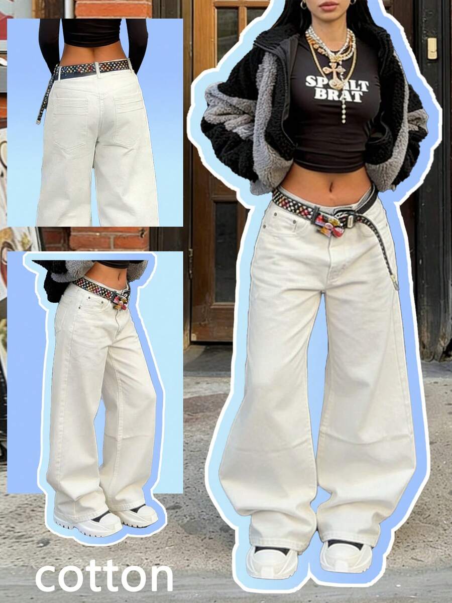 Women's Mid-Waist Apricot Street Wide Leg Jeans - Versatile & Stylish Denim For Daily Outings And Photo Shoots - Apricot - View 1