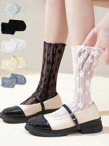 5 Pairs Women's Summer Fashion Transparent Lace Socks, Soft, Sexy, Sweet Lolita Style, Comfortable Breathable Casual Socks - Multicolor - View 3