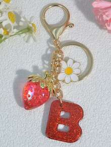 1 pezzo Portachiavi a forma di lettera con fragola rossa, ciondolo floreale carino, portachiavi minimalista per borsa, regalo per donne - Rosso - Visualizzare 13