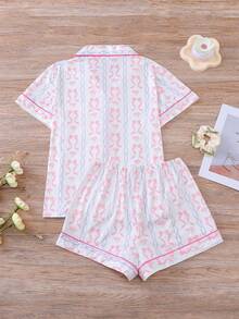 HOREA 2pcs Cute Bow & Floral Print Washable Loungewear Set For Women, Short Sleeve Collared Cardigan Top And Elastic Waist Shorts, Casual Pajamas & Homewear For All Seasons - Hồng - Xem 2