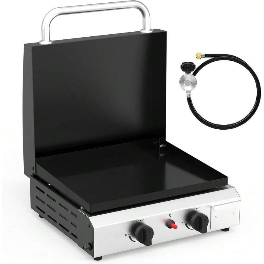 2 Burner Portable Propane Griddle With Lid, 20000BTU Tabletop Flat Gas Grill With Ignition And Oil Collector, Camping Griddle For Outdoor Cooking Patio Backyard Sandbeach BBQ Party - Bếp ga để bàn 2 bếp - Xem 1