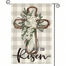 1Pc Country-Style Buffalo Plaid Easter Garden Flag, 12.5x18 Inches, Double-Sided Polyester Lily Cross Logo, "He Is Resurrected" Outdoor Decoration. - A - 查看 9