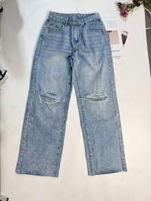 Women Casual Light Wash Denim Straight Leg Jeans With Ripped Knees Extra Long Non-Stretch Fabric Zipper Closure - Blue - View 5