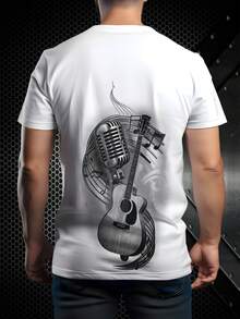 男士白色T恤，印有吉他和麦克风图案 - 轻便耐穿，适合音乐爱好者 - 适合酒吧、录音室、休闲穿着和日常活动 - 舒适款式，四季皆宜，音乐主题T恤 - 白色 - 查看 3
