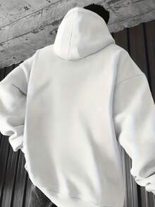 Men's Casual Fashionable Versatile Daily Commute Simple Printed Kangaroo Pocket Drawstring Hoodie, Autumn/Winter - White - View 2