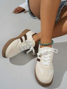 女士金色亮片拼接皮革圆头系带厚底低帮多功能时尚休闲运动鞋，橡胶鞋底防水防滑耐磨轻便平底鞋，春秋新款百搭日常休闲鞋 - 米色 - 查看 3