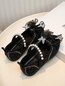 1 Pair Girls' Multi-Color Butterfly Rhinestone Shoes, Pearl Decor Princess Soft Bottom Shoes, Spring/Summer, Birthday Party, School Performance, Ethereal & Gentle Casual Shoes - Black - View 5