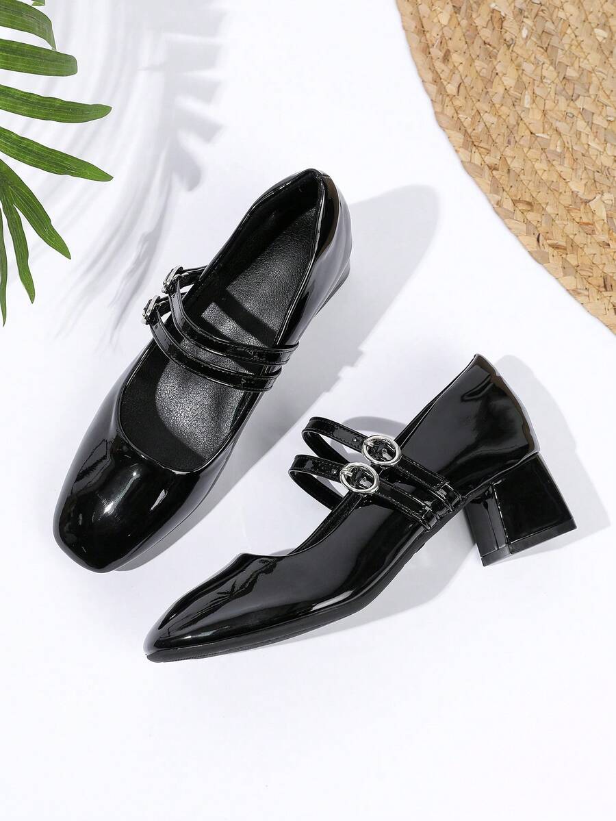 2026 New Vintage Women's High Heels, Black Patent Leather Square Toe Chunky Heel Mary Jane Shoes, Dual Buckle Retro Style, Mirror-Like Texture Chunky Heels, Non-Slip Wear-Resistant Commuter Shoes, Suitable For Commuting, Campus, Hanging Out With Friends, Afternoon Tea, Daily Outings, Parties, Traveling, And Photo Shoots - Black - View 1