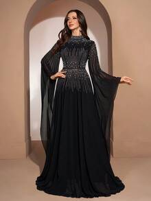 YISIKADO Women's Flowy Chiffon Evening Dress With Rhinestone Embellishment, High Neck Flare Sleeve Maxi Dress For Prom, Wedding Guest & Special Occasions Black - Black - View 5
