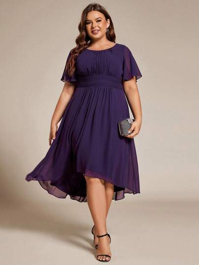 Plus Size Elegant Chiffon Round Neck Short Sleeve High-Low Purple Bridesmaid Dress With High Waist