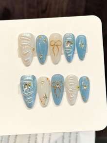 10片杏仁形美甲贴片，带闪亮水钻和亮片装饰，适合搭配辣妹连衣裙的美甲用品 - 彩色 - 查看 15
