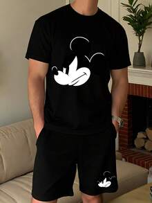 Disney 米奇印花男士休闲家居服两件套，圆领上衣和短裤，适合春夏穿着 - 黑色 - 查看 1