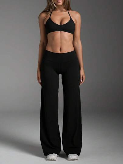 Women's Commuting Sports Elegant Modern Workplace Solid Color Slim Fit Flare Pants Black Spring