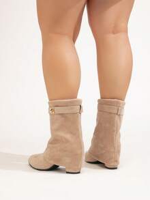 Women's Fashion Wide Width Faux Leather Tall Boots, Holiday Vacation Atmosphere, Folding Shaft, Chunky Heel, Black Sexy Outdoor High Heel Ankle Boots, Wide Leg High Heel Boots, Women Wide Calf Boots - Apricot-colored Short Cloth - View 6