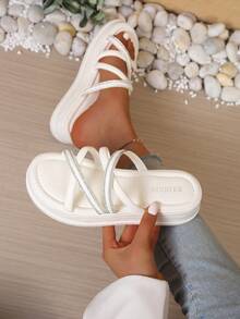 2026新款时尚仙女风一脚蹬凉鞋，韩版百搭厚底防滑绑带拖鞋，女士沙滩交叉拖鞋 - 米色 - 查看 13