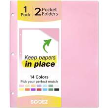 Sooez 2-Pocket Folders, Plastic Folders With Pockets 3 Hole Punched, 1 Pack Pockets Folder For 3 Ring Binder With Labels, Heavy Duty Binder Folder For Document, Letter Size File Folder,Pink - Pink - View 2
