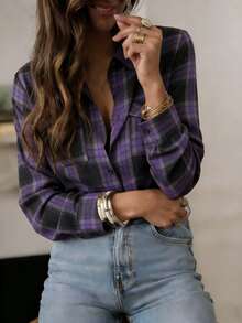 Bluză de damă cu mânecă lungă, model mov, în carouri, cu nasturi, confecționată din poliester și guler înalt - Violet - Vizualizare 5